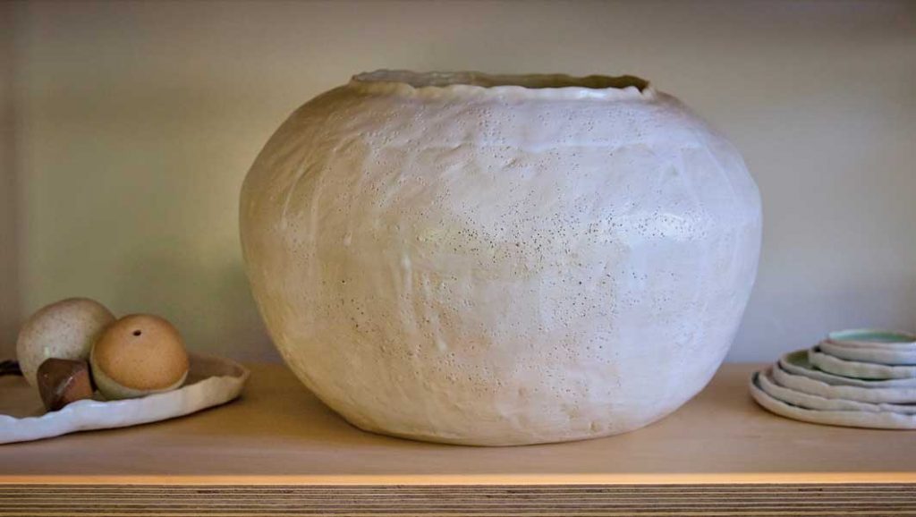 Hand-built of white stoneware clay, pottery by Scottsdale artist Kerrie Schmidt embodies an earthy, organic vibe. Shown: 9"H by 15" in diameter. $450 (pearsonandcompany.com)