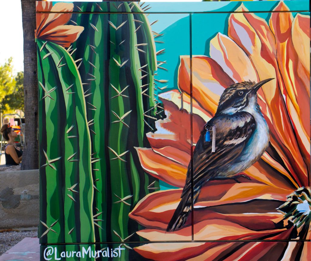 Mural of a hummingbird by artist Laura Thurbon in Phoenix