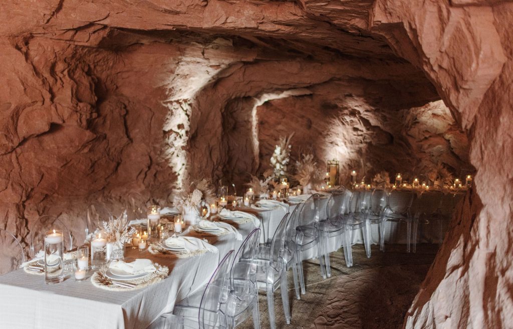 A communal tale set up in a cave in Moab, Utah