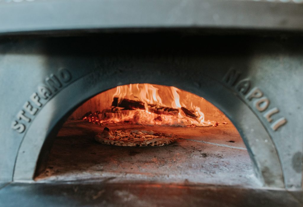 Wood fire in a pizza oven