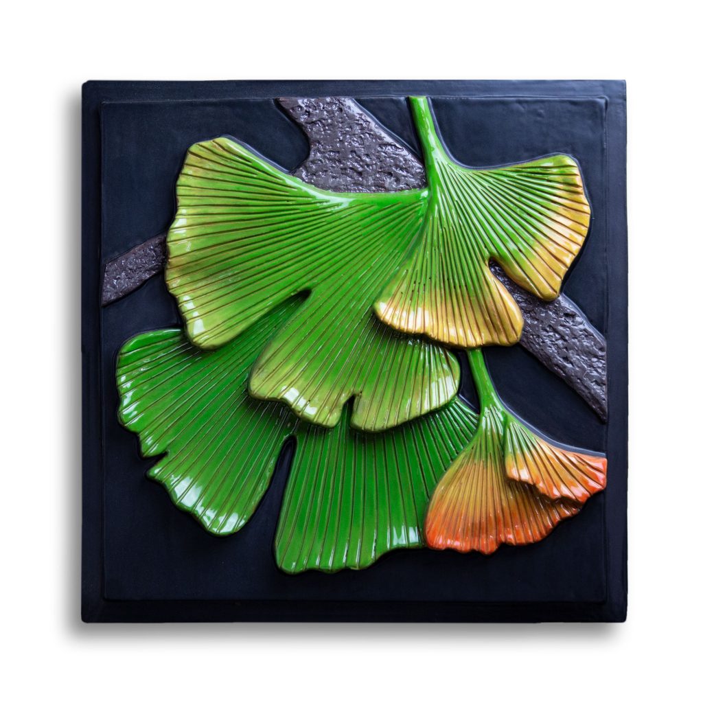 Ceramic wall art inspired by gingko leaves