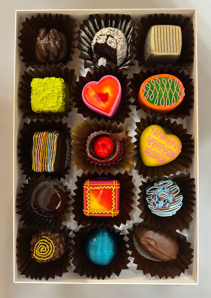 Painting of a colorful box of chocolates by artist Peter Anton