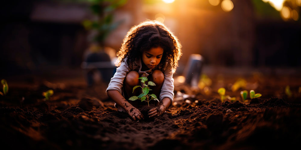 Little girl planting in a garden