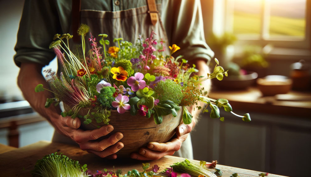 Man holding a pot of colorful edible flowers
