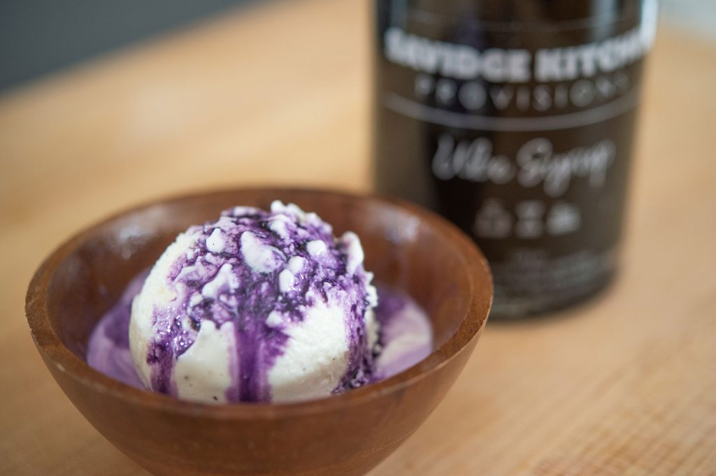 Lavender syrup over ice cream