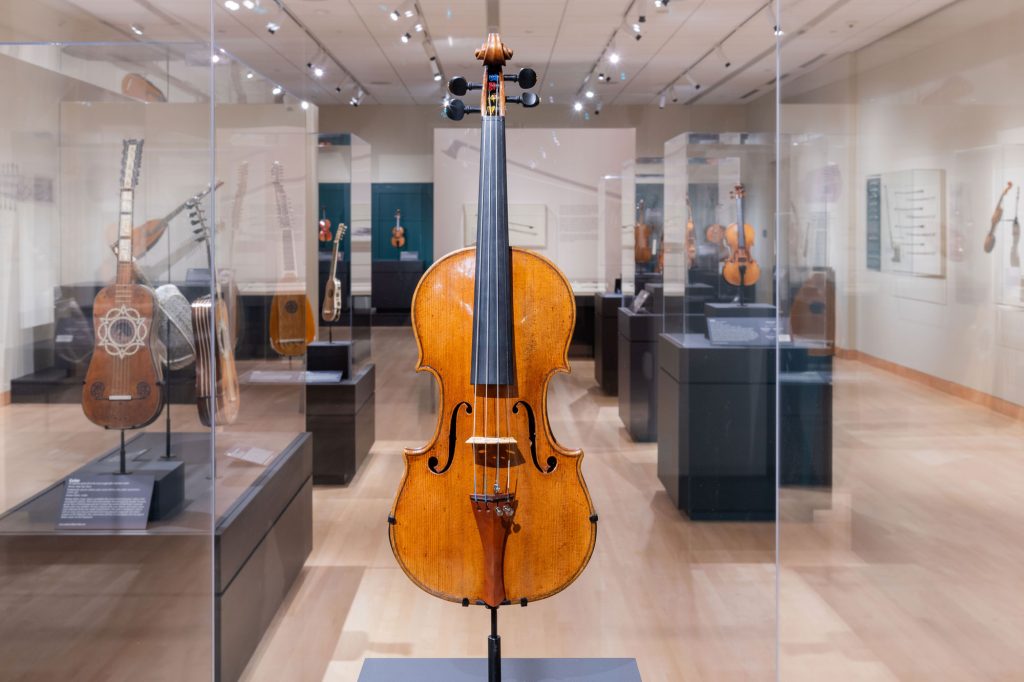 A violin in a glass case