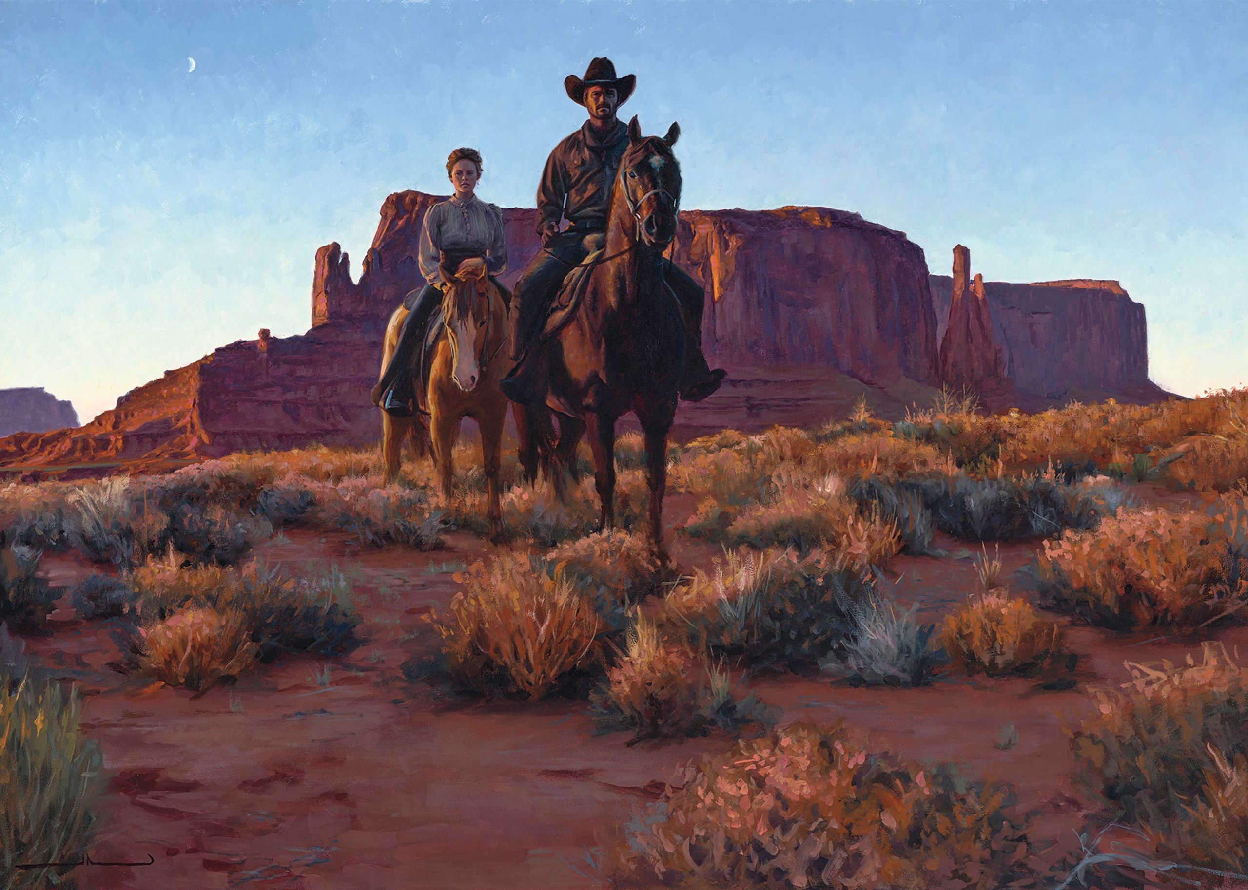 A man and woman ride side by side through a monumental desert landscape, their quiet proximity suggesting a shared past or uncertain future, an example of Noon’s interest in narrative that remains open to interpretation. “One Fate,” 24"H by 34"W