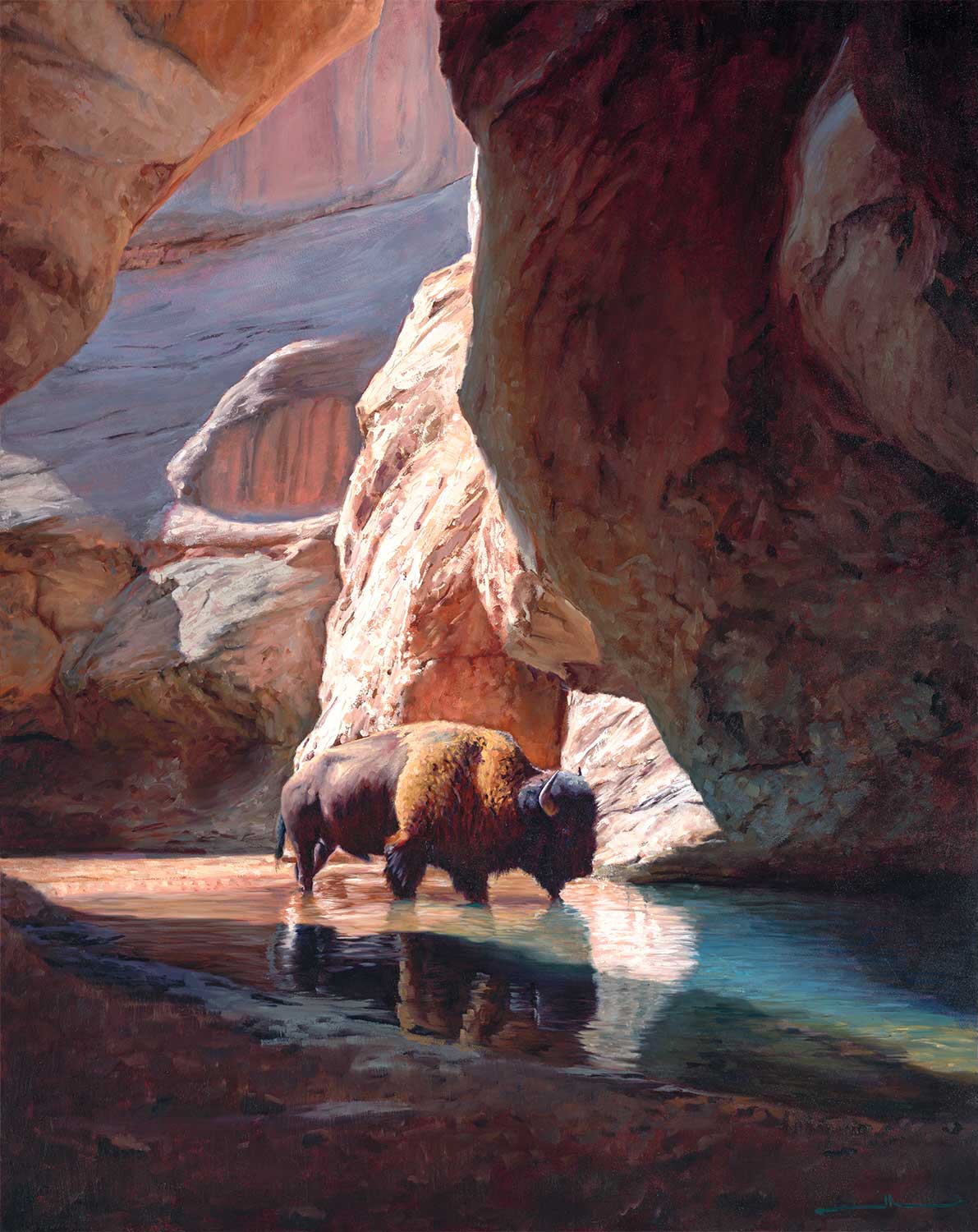 "Sovereign" (34"H by 27"W) Set within a canyon’s filtered light, a solitary bison pauses at the water’s edge, the composition emphasizing scale, stillness and the quiet authority of the natural world.
