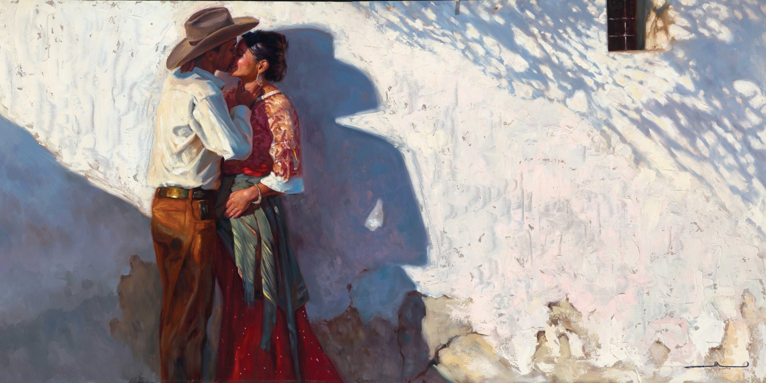 “Go With God” (24"H by 48"W) A couple leans into a farewell—or perhaps a beginning—while a branch casts a long shadow across the wall, a carefully constructed detail that heightens the painting’s sense of intimacy and ambiguity.