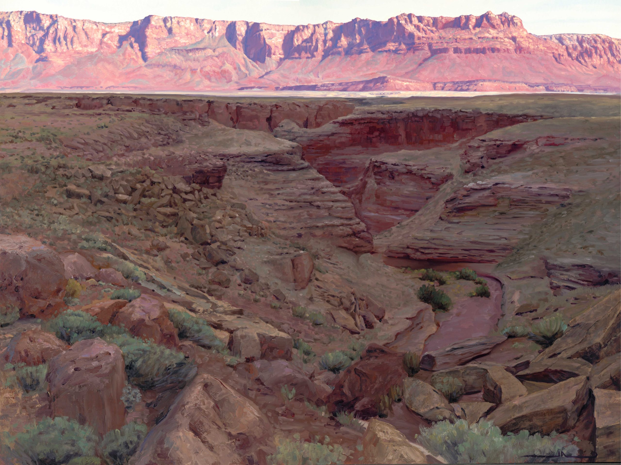 "Ancient Stone" (48"W by 36"H) Noon’s take on the Vermilion Cliffs stretches a band of red sandstone across the canvas, less a literal depiction than an effort to convey the scale and presence of the landscape.