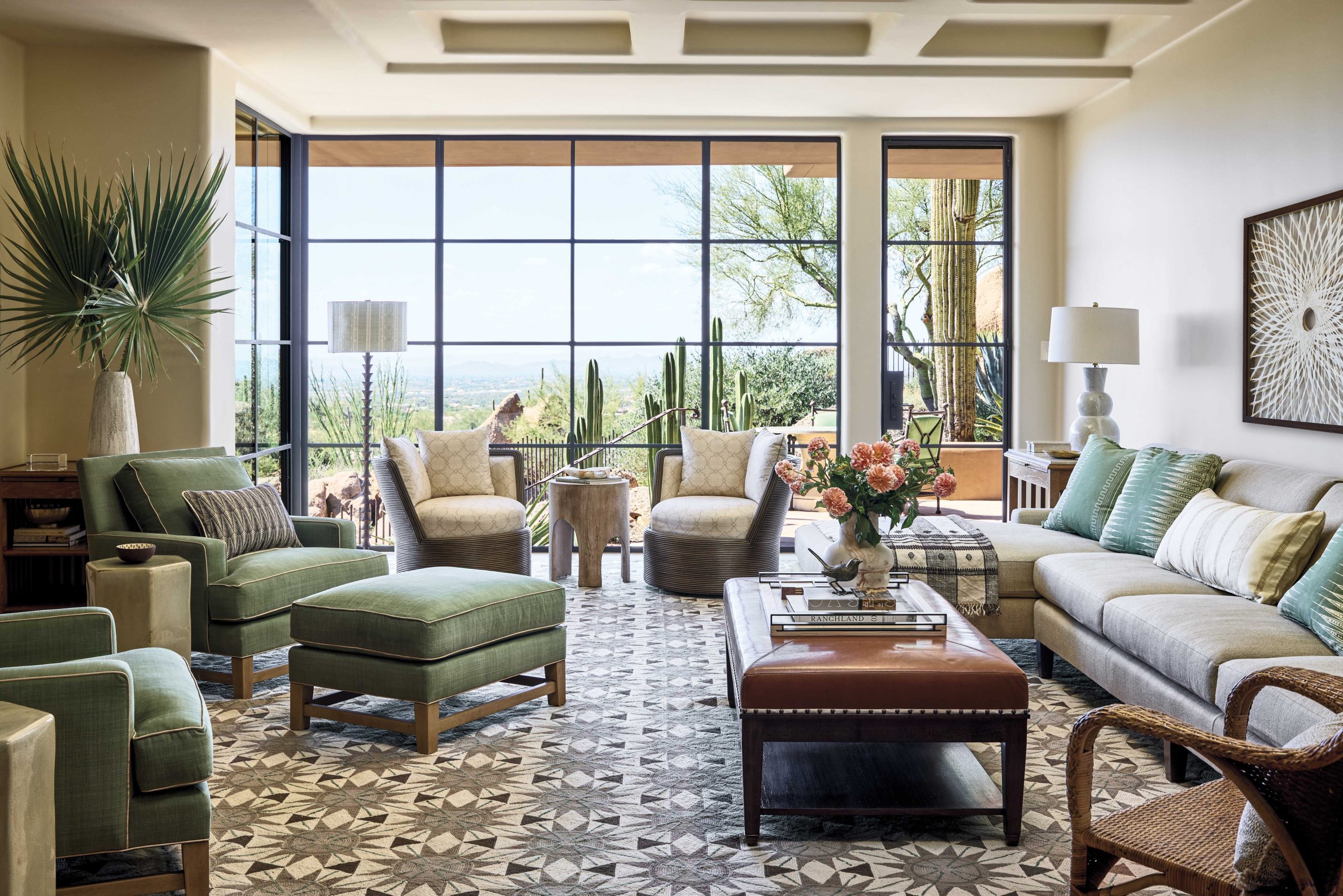 “The family room is where we were able to capture a beautiful view that was missing because the old kitchen had been located against the wall,” says Wickersham. “We tore out the wall and put in new windows and a door to the back.” Sharpe furnished the space with lounge-worthy seating and, against the windows, swivel chairs that offer a 360-degree perspective of indoors and out.